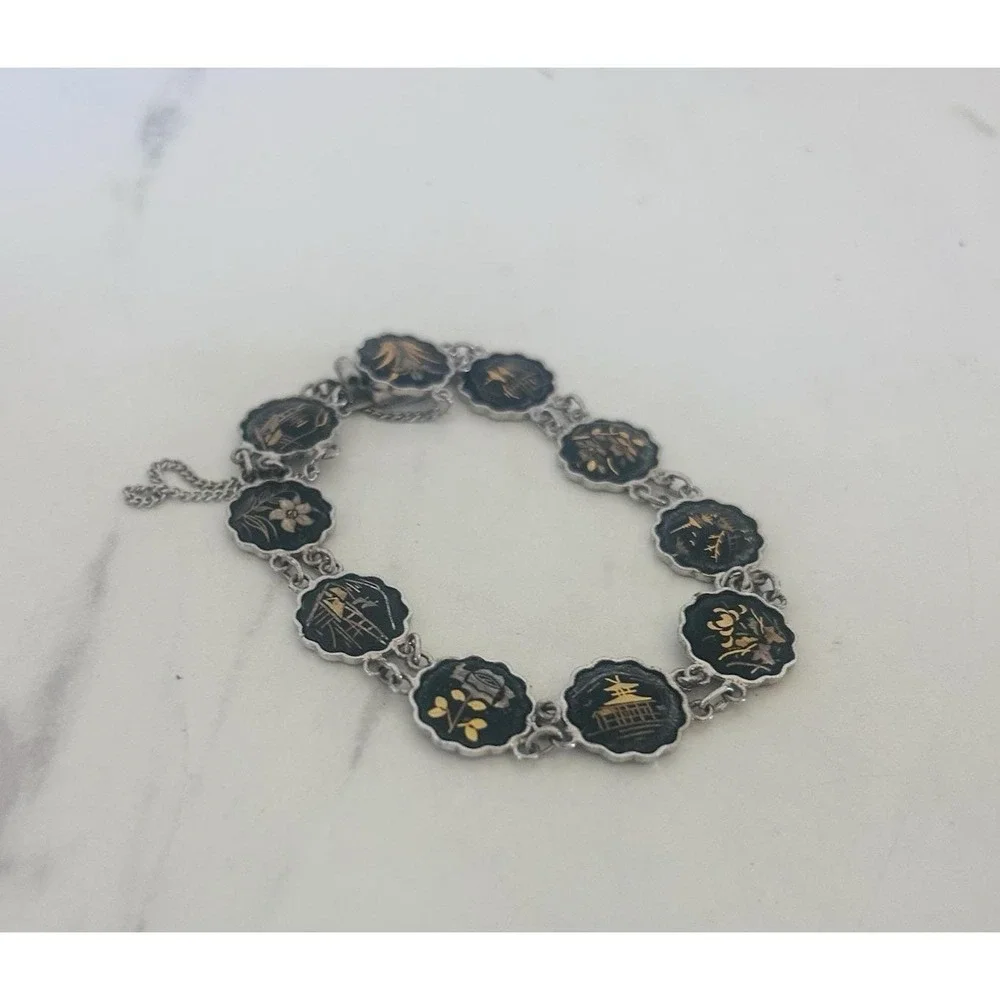 Vintage Japanese Damascene KOMAI Bracelet‎ Linked Gold & Silver Inlays 10 Scenes